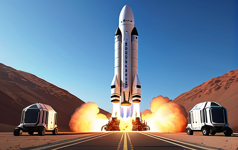 **Image Prompt 1: The Dawn of Private Spaceflight**
"A dynamic scene featuring multiple futuristic, reusable rockets, including elements inspired by SpaceX's Falcon 9 landing upright and Blue Origin's New Shepard taking off. The setting is a bustling, advanced spaceport under a clear, bright sky, symbolizing a new era of private enterprise in space. Emphasize innovation, agility, and human ambition, with a sense of excitement and groundbreaking technology. Photorealistic, high detail, vibrant colors, wide shot."