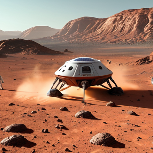 Home 19 **
A futuristic rescue spacecraft approaching a Martian base. The base is partially buried in the red Martian landscape, featuring solar panels and communication arrays. Astronauts in advanced spacesuits are visible, some working outside and others receiving assistance from robotic arms. The spacecraft should appear sleek and high-tech, conveying a sense of urgency and hope. The scene should be dramatic, with dust devils in the background and a clear view of Earth in the Martian sky.
**