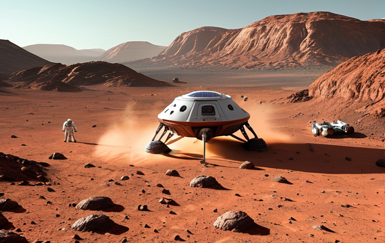 **
A futuristic rescue spacecraft approaching a Martian base. The base is partially buried in the red Martian landscape, featuring solar panels and communication arrays. Astronauts in advanced spacesuits are visible, some working outside and others receiving assistance from robotic arms. The spacecraft should appear sleek and high-tech, conveying a sense of urgency and hope. The scene should be dramatic, with dust devils in the background and a clear view of Earth in the Martian sky.
**