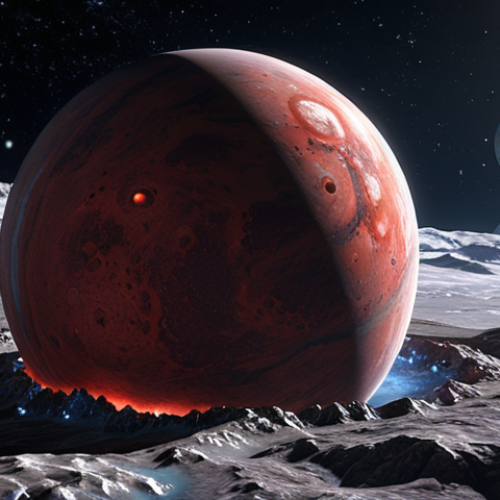 Home 18 **Kepler-186f: A distant, icy exoplanet with a reddish dwarf star in the background, hinting at potential subsurface liquid water. A speculative artist's rendering.**