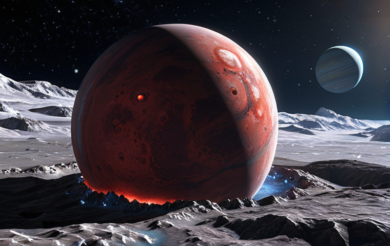 **Kepler-186f: A distant, icy exoplanet with a reddish dwarf star in the background, hinting at potential subsurface liquid water. A speculative artist's rendering.**