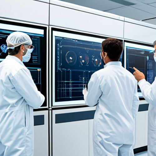 Home 9 A group of diverse professional engineers and scientists, fully clothed in cleanroom suits and modest attire, meticulously inspecting advanced aerospace components in a pristine, futuristic space technology laboratory. The lab features state-of-the-art diagnostic equipment and holographic displays showing intricate system schematics, emphasizing extreme precision and dedication to quality control. Perfect anatomy, correct proportions, natural poses, well-formed hands, proper finger count, natural body proportions. High-resolution, professional photography, safe for work, appropriate content, family-friendly.