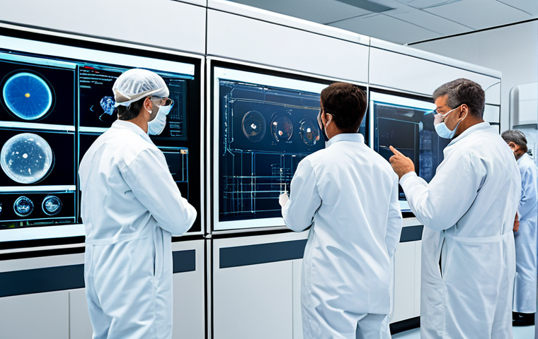 A group of diverse professional engineers and scientists, fully clothed in cleanroom suits and modest attire, meticulously inspecting advanced aerospace components in a pristine, futuristic space technology laboratory. The lab features state-of-the-art diagnostic equipment and holographic displays showing intricate system schematics, emphasizing extreme precision and dedication to quality control. Perfect anatomy, correct proportions, natural poses, well-formed hands, proper finger count, natural body proportions. High-resolution, professional photography, safe for work, appropriate content, family-friendly.