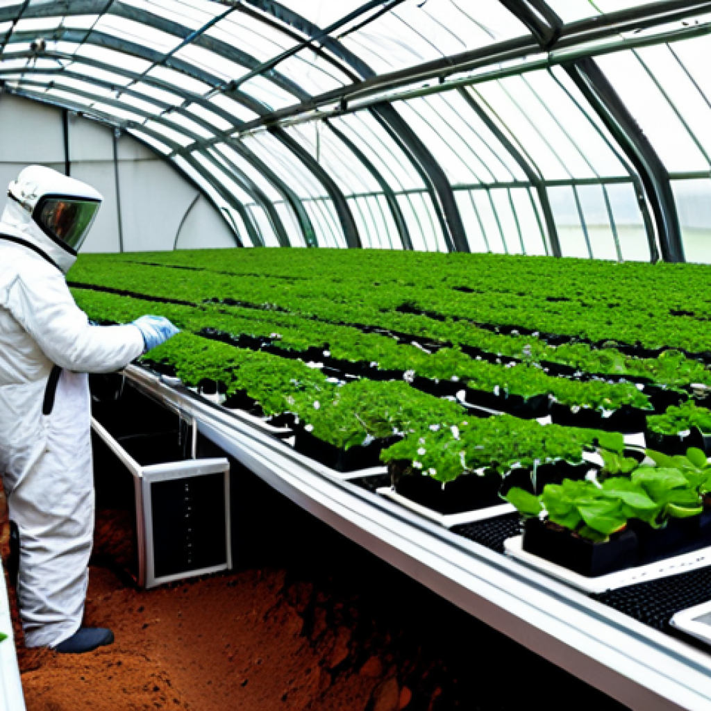 Martian Greenhouse**

Prompt: A futuristic, fully enclosed greenhouse on the surface of Mars. Scientists in appropriate protective gear are tending rows of lush, green plants growing in a hydroponic system. Red Martian soil is visible outside the transparent walls. Bright grow lights illuminate the interior. Focus on innovative technology and plant life. "Safe for work", "appropriate content", "fully clothed", "professional", perfect anatomy, correct proportions, natural pose, well-formed hands, proper finger count, natural body proportions, high quality, professional photography.

**