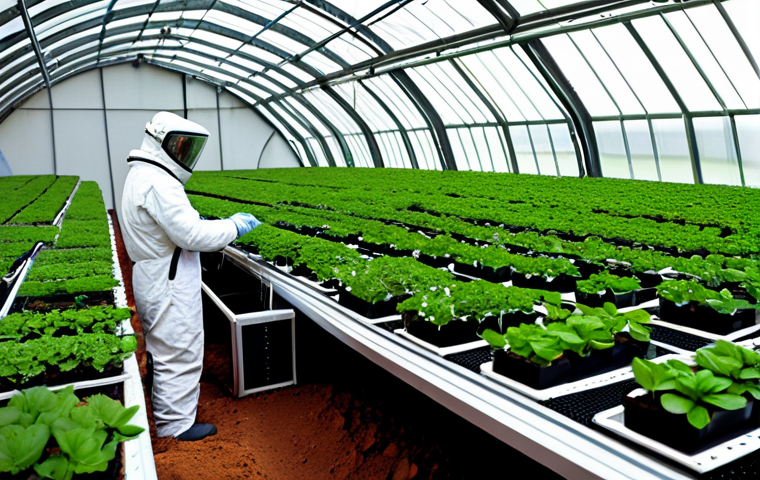 Martian Greenhouse**

Prompt: A futuristic, fully enclosed greenhouse on the surface of Mars. Scientists in appropriate protective gear are tending rows of lush, green plants growing in a hydroponic system. Red Martian soil is visible outside the transparent walls. Bright grow lights illuminate the interior. Focus on innovative technology and plant life. "Safe for work", "appropriate content", "fully clothed", "professional", perfect anatomy, correct proportions, natural pose, well-formed hands, proper finger count, natural body proportions, high quality, professional photography.

**