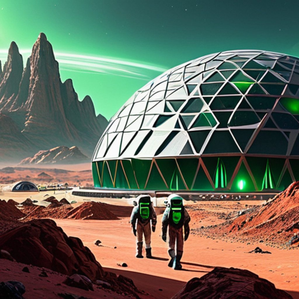 **

"A futuristic Martian city, built from red rock, featuring geodesic domes and subterranean structures, with humans in advanced space suits exploring the surface. In the background, a terraforming device emits a green glow, slowly transforming the landscape. fully clothed, appropriate attire, safe for work, perfect anatomy, natural proportions, science fiction illustration, high quality, professional, modest."

**