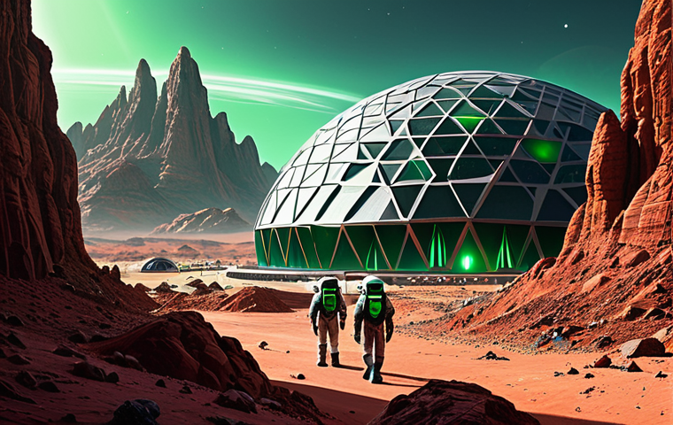 **

"A futuristic Martian city, built from red rock, featuring geodesic domes and subterranean structures, with humans in advanced space suits exploring the surface. In the background, a terraforming device emits a green glow, slowly transforming the landscape. fully clothed, appropriate attire, safe for work, perfect anatomy, natural proportions, science fiction illustration, high quality, professional, modest."

**