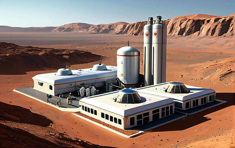 우주 이주를 위한 생명 유지 시스템의 발전 - Martian Oxygen Factory**

"A futuristic oxygen production plant on Mars, MOXIE technology, extractin...