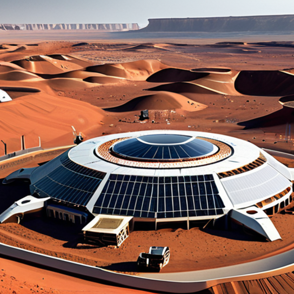 행성간 이주를 위한 스타트업의 역할 - Martian Habitat Construction**

"A futuristic Martian habitat being constructed by robots on the red...