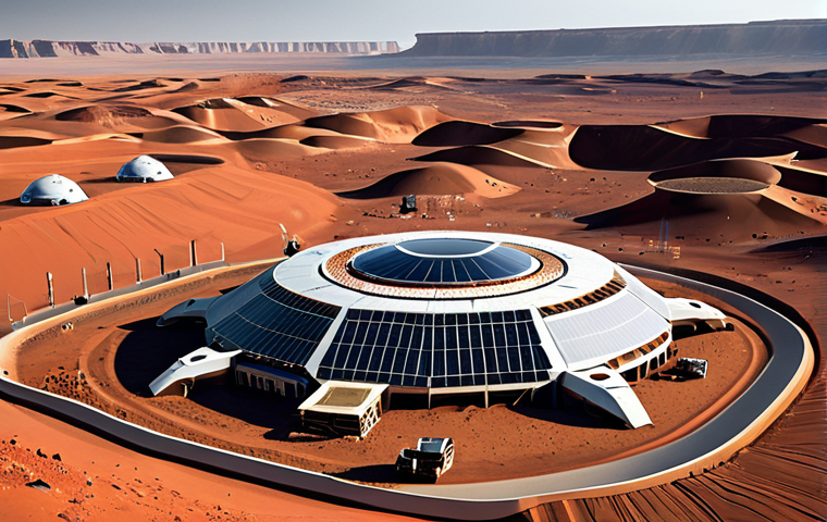행성간 이주를 위한 스타트업의 역할 - Martian Habitat Construction**

"A futuristic Martian habitat being constructed by robots on the red...