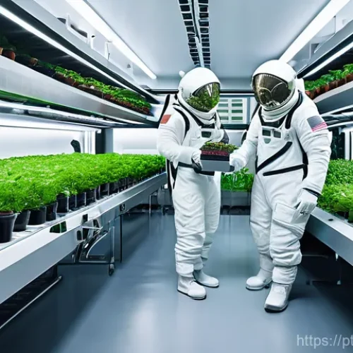 Home 22 화성 개척을 위한 생명 유지 시스템 - **Prompt for Martian Vertical Farm:**
"A vibrant, enclosed vertical farm on Mars, featuring mult...