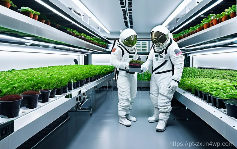 화성 개척을 위한 생명 유지 시스템 - **Prompt for Martian Vertical Farm:**
    "A vibrant, enclosed vertical farm on Mars, featuring mult...