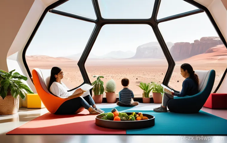 화성 개척을 위한 생명 유지 시스템 - **Prompt for Martian Vertical Farm:**
    "A vibrant, enclosed vertical farm on Mars, featuring mult...