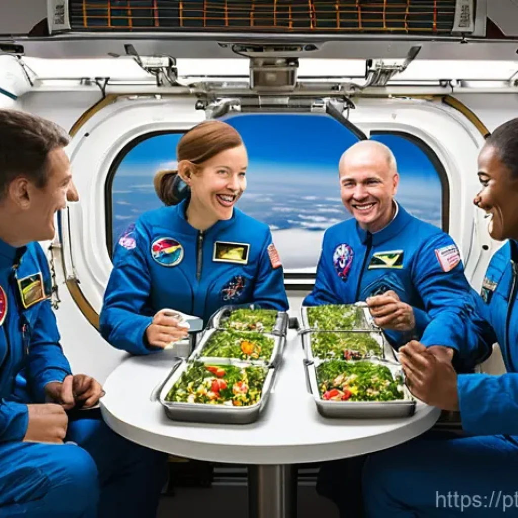 우주 식량 공급 체계의 발전 - **Prompt:** A retro-futuristic scene inside a spacecraft from the 1960s, showing a male astronaut, w...