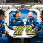 Home 8 우주 식량 공급 체계의 발전 - **Prompt:** A retro-futuristic scene inside a spacecraft from the 1960s, showing a male astronaut, w...