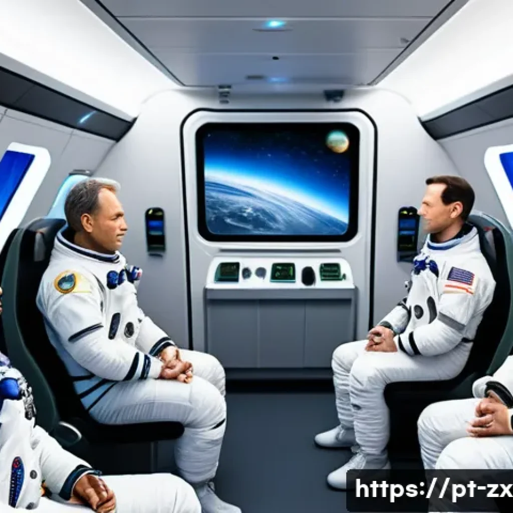 우주 이주를 위한 심리적 준비 방법 - A detailed scene inside a modern spacecraft cabin showing a diverse crew of astronauts in their mid-...