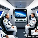 우주 이주를 위한 심리적 준비 방법 - A detailed scene inside a modern spacecraft cabin showing a diverse crew of astronauts in their mid-...