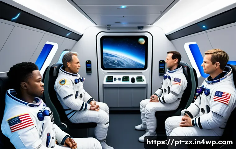 우주 이주를 위한 심리적 준비 방법 - A detailed scene inside a modern spacecraft cabin showing a diverse crew of astronauts in their mid-...