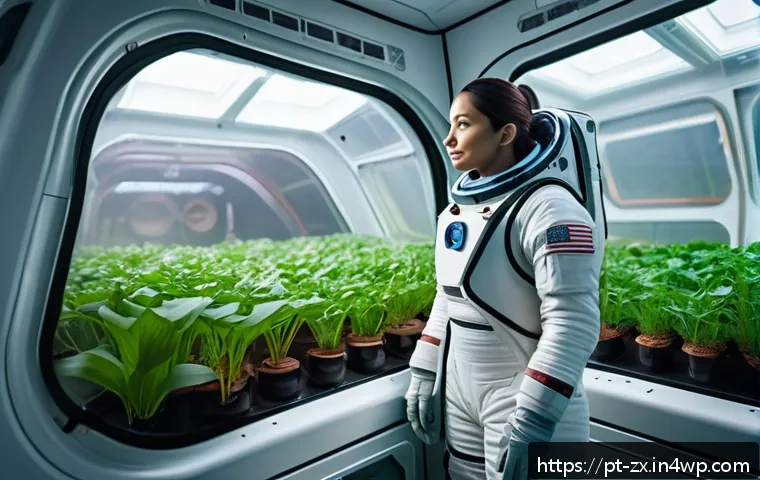 행성간 이주를 위한 자원 순환 시스템 - A futuristic bioregenerative life support system inside a compact Mars habitat module, featuring lus...