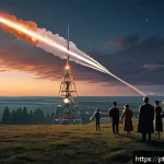 우주 탐사의 역사와 미래 전망 - A detailed scene depicting the historic launch of Sputnik 1 in 1957 by the Soviet Union, showing a v...