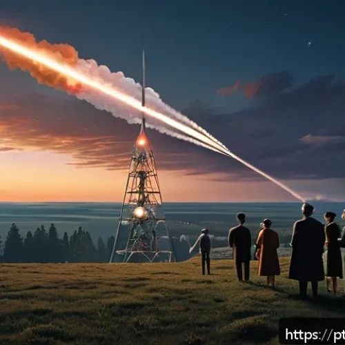 우주 탐사의 역사와 미래 전망 - A detailed scene depicting the historic launch of Sputnik 1 in 1957 by the Soviet Union, showing a v...