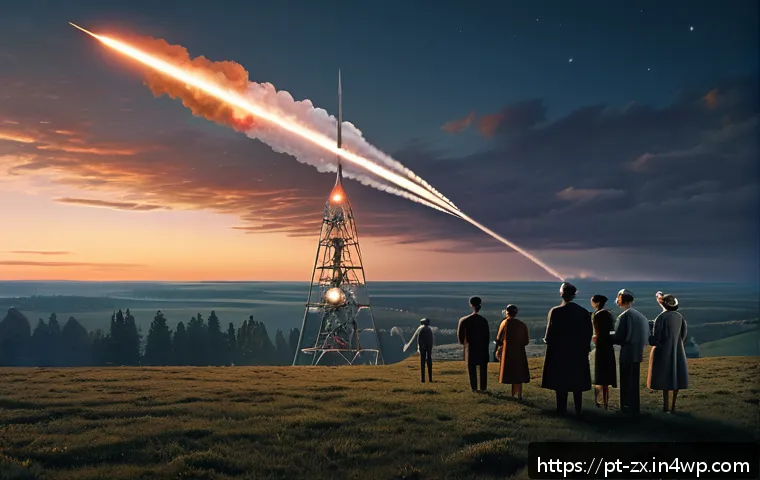 우주 탐사의 역사와 미래 전망 - A detailed scene depicting the historic launch of Sputnik 1 in 1957 by the Soviet Union, showing a v...
